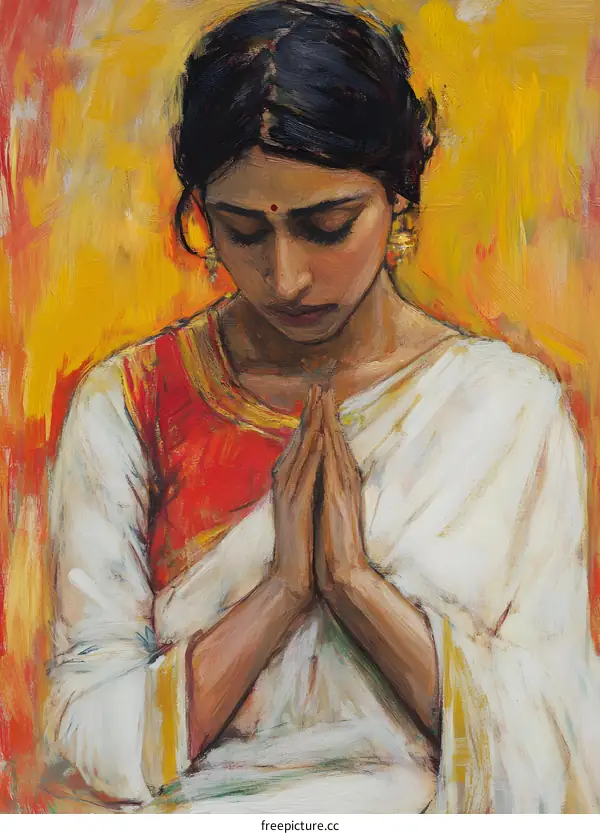 Woman in White Dress with Hands in Prayer Pose