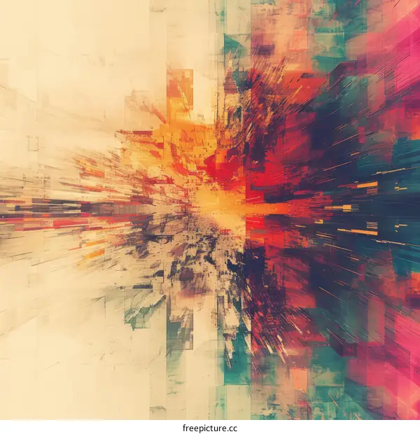 Colorful abstract painting with a burst of light in the center