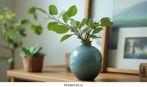 Green Plants in Teal Vase Home Decor