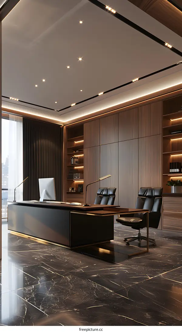 Modern office interior design with wooden wall panel and marble floor