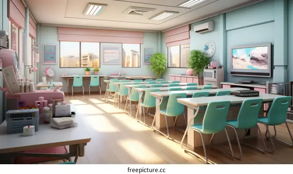 Classroom With Light Blue And Pink Pastel Colors