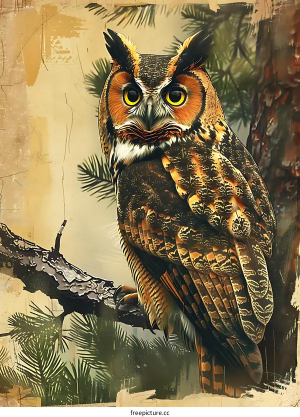 Vintage Owl Illustration With Detailed Feathers and Grunge Background