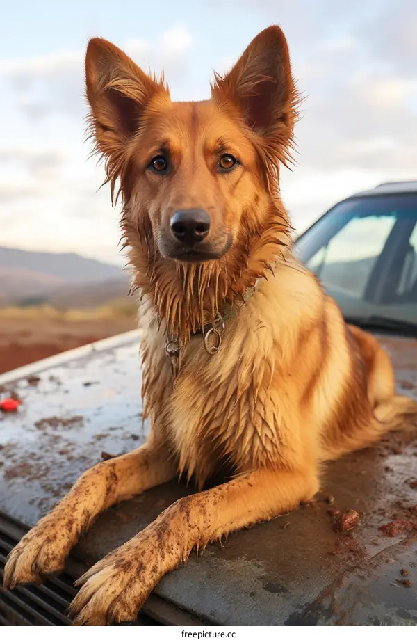 muddy dog on a car