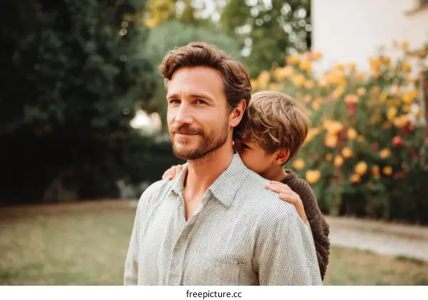 Father and Son Outdoor Affectionate Embrace