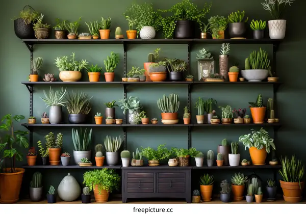 An abundance of green plants on black shelves against a dark green wall