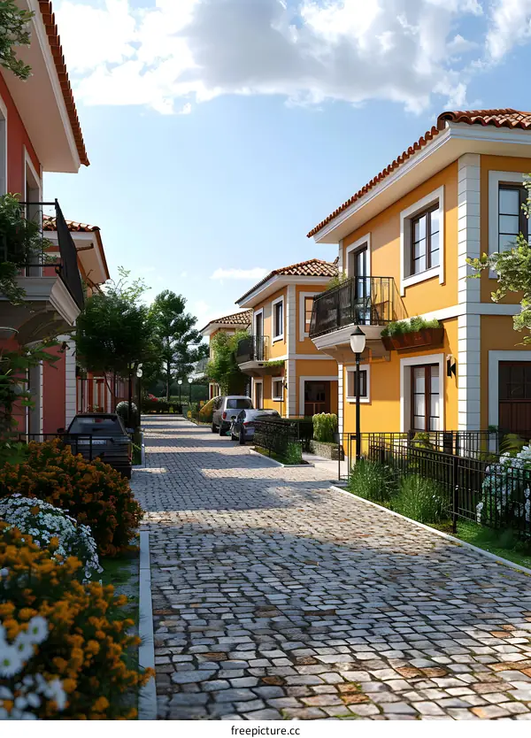 A row of colorful townhouses with cobblestone street in front