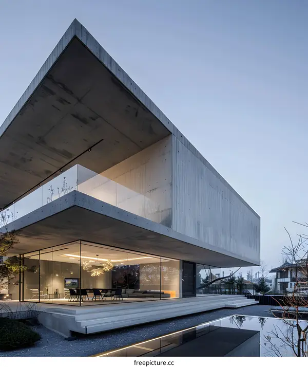 Modern Concrete House with Large Windows and a Pool