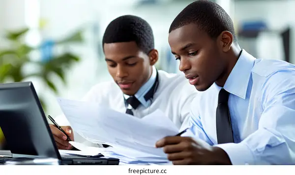 Two African American Businessmen Working on Documents