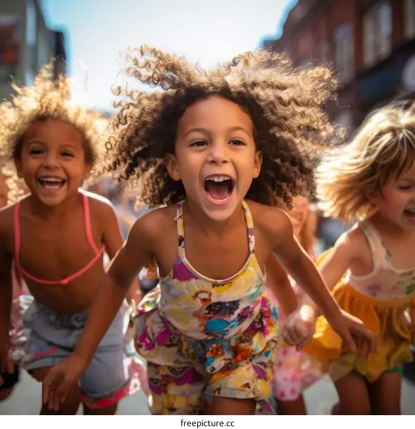 Four happy children running down a street