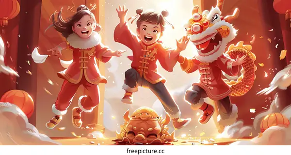 Three happy Chinese children celebrating the Lunar New Year
