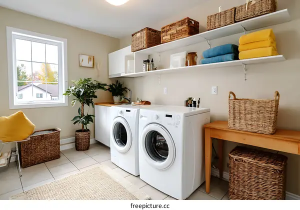 Modern Laundry Room with Floating Shelves
