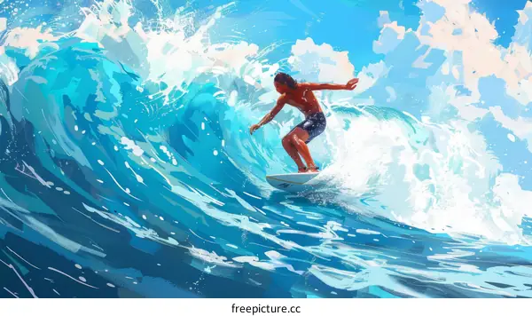 Surfer Riding a Giant Blue Ocean Wave