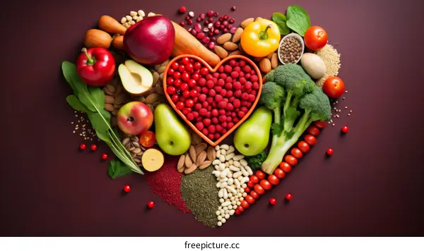 A variety of healthy food arranged in the shape of a heart