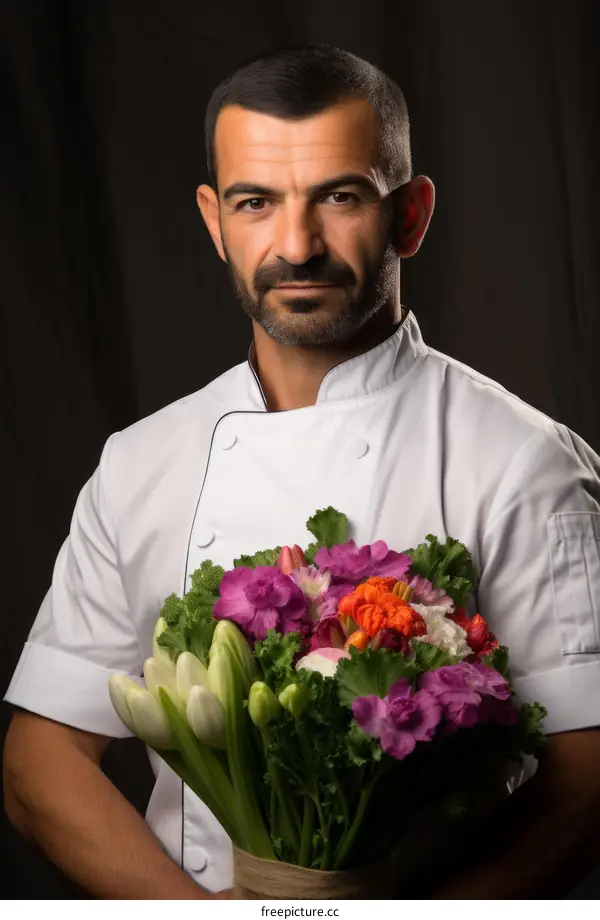Chef holding bouquet of flowers