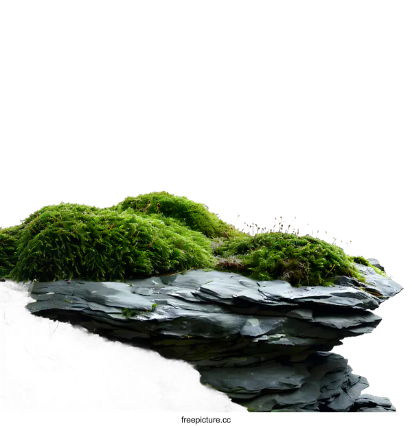 [Transparent Background PNG]Green Moss on Grey Rock Cliff