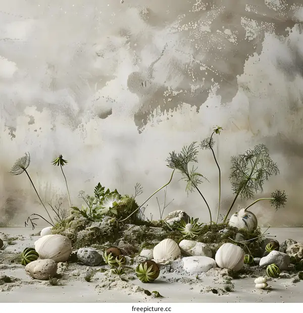 Minimalist Botanical Arrangement with White Shells and Stones