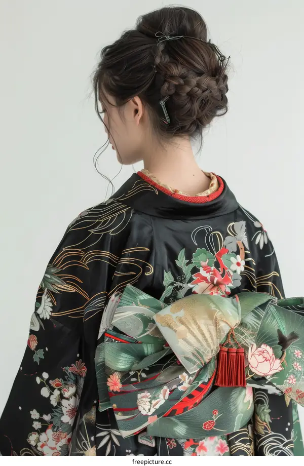 A woman wearing a kimono with a floral pattern and a green obi