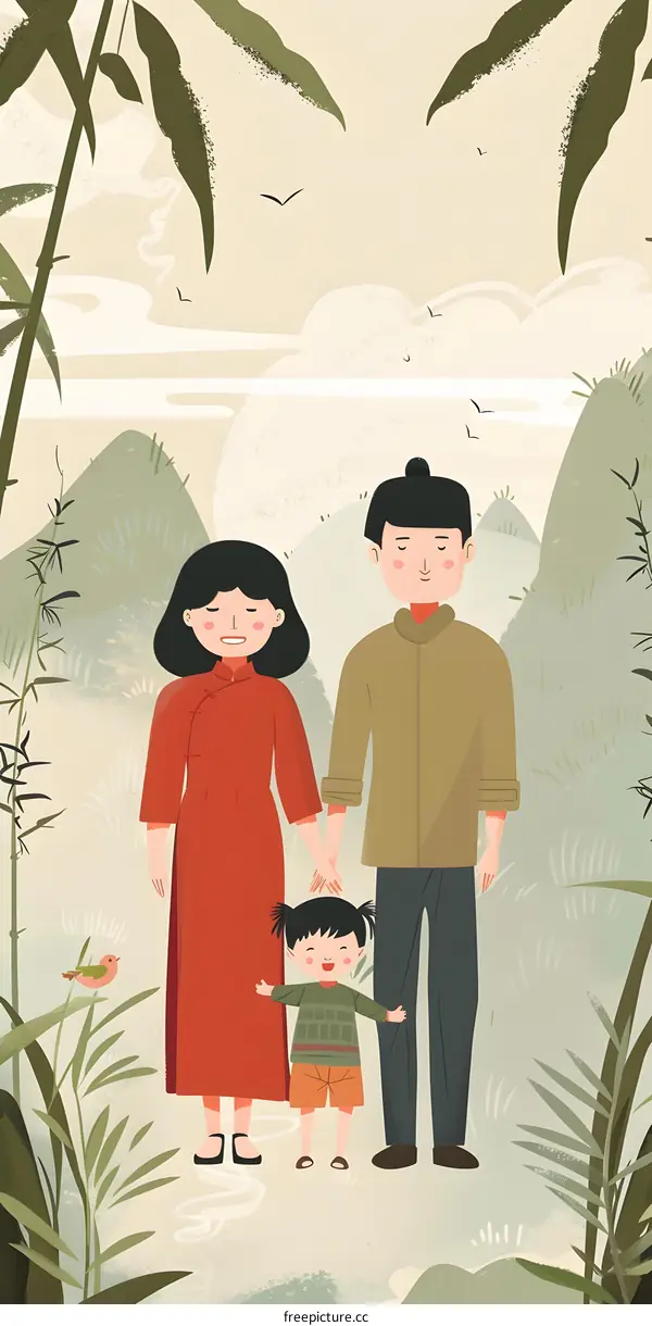 Family Portrait Illustration with Asian Parents and Child Standing in a Green Field