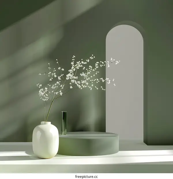 Green Minimalist Product Display With White Flowers