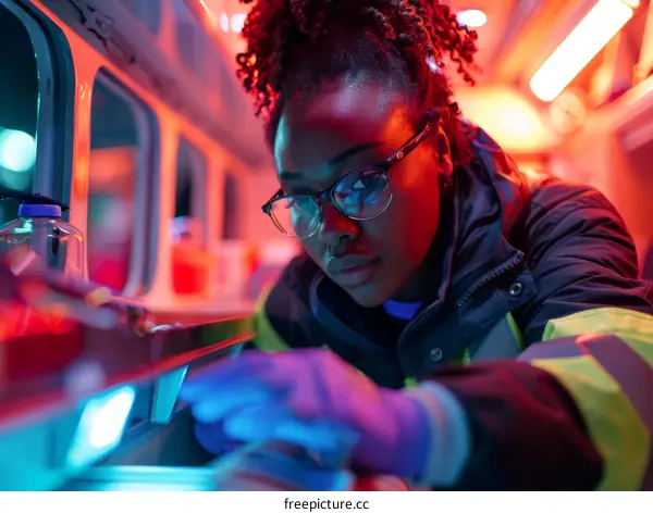 Afro American Female Paramedic Checking Equipment In Ambulance