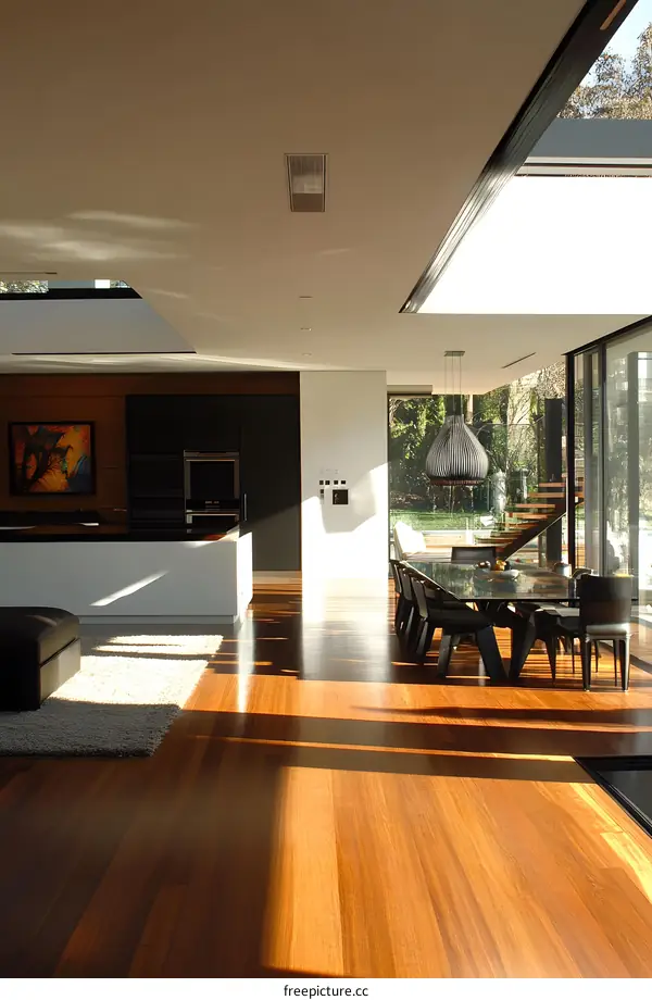Modern Interior Design with Wooden Flooring and Skylight