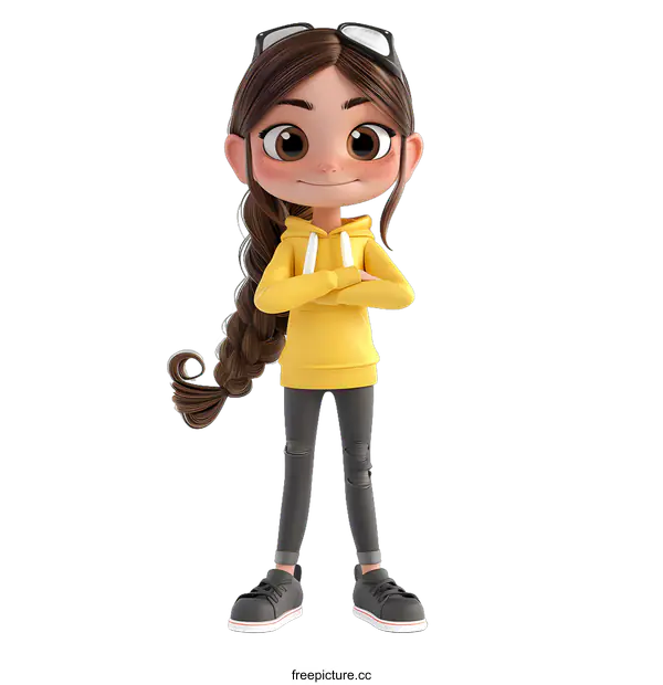 [Transparent Background PNG]3D Cartoon Illustration of a Young Girl with a Yellow Hoodie