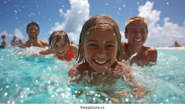 Happy family of four swimming in the ocean