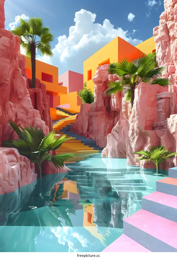 Colorful buildings and rocks with blue water in between