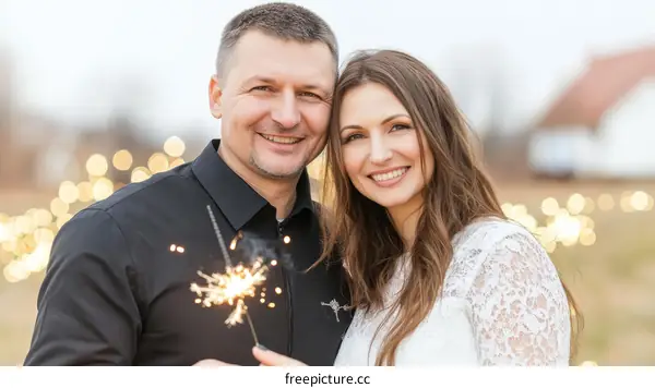 Couple Celebrating with Sparkler Outdoor Portrait