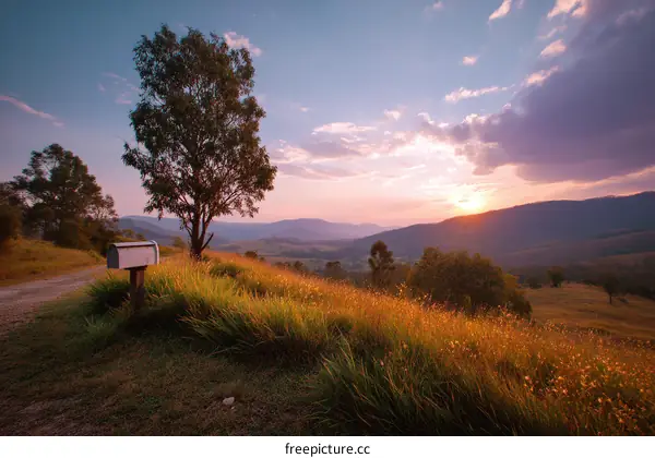 Sunset over Mountain Meadow with Mailbox
