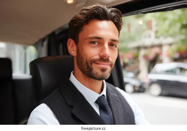 Elegant man in formal suit sitting in luxury car