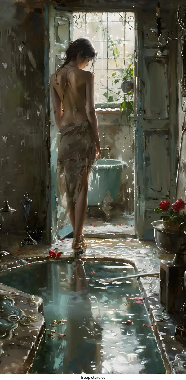 Oil painting of a woman standing in a bathroom