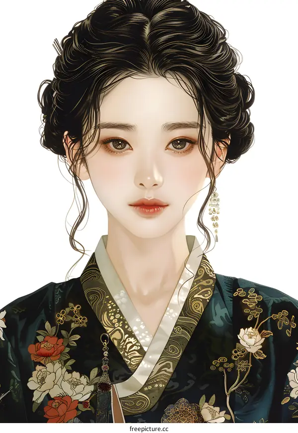 A digital painting of a young woman in a traditional Korean hanbok