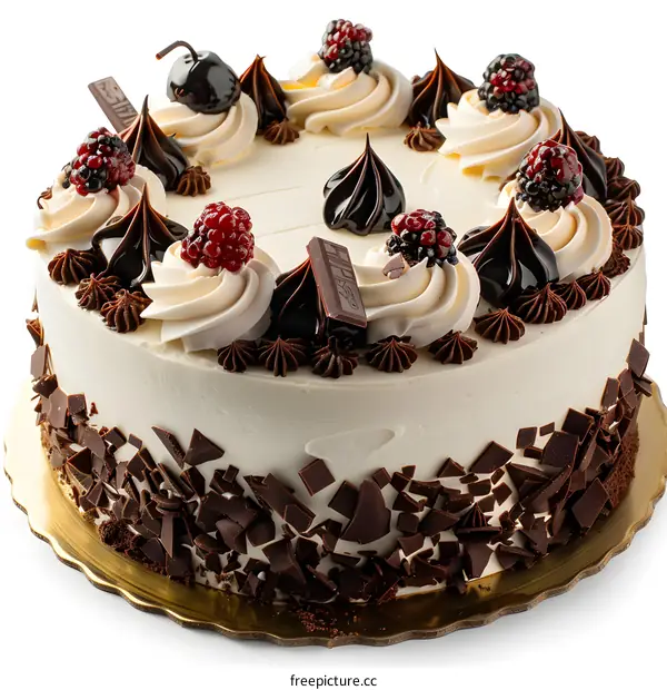 A cake with chocolate shavings and berries on top