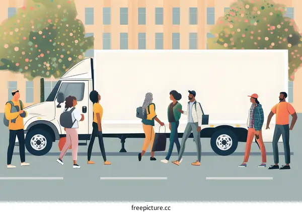 Group of People Walking by a White Truck in the City