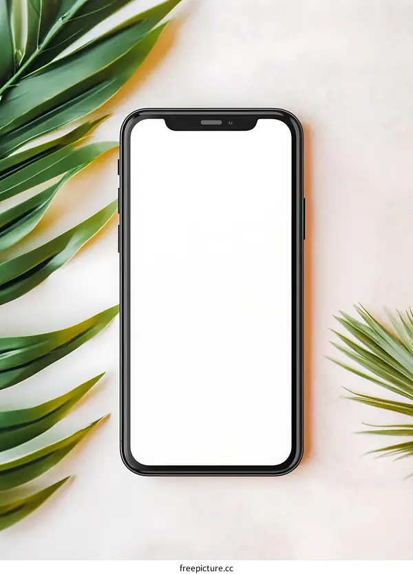 Black Smartphone Mockup With Palm Leaves
