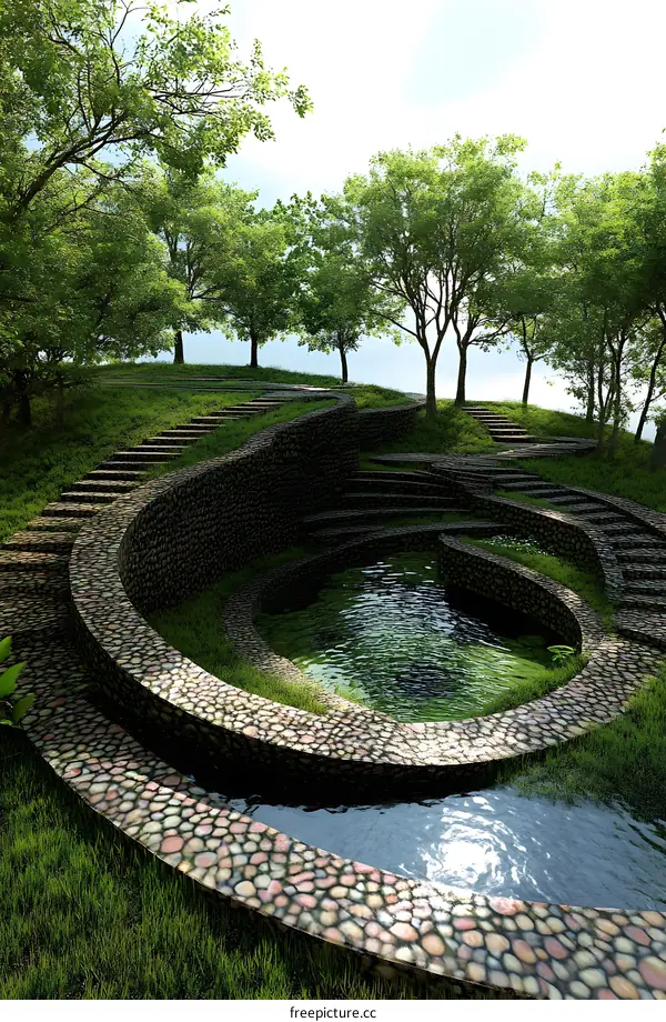 Stone Pathway Leading to a Pond with Green Trees in the Background