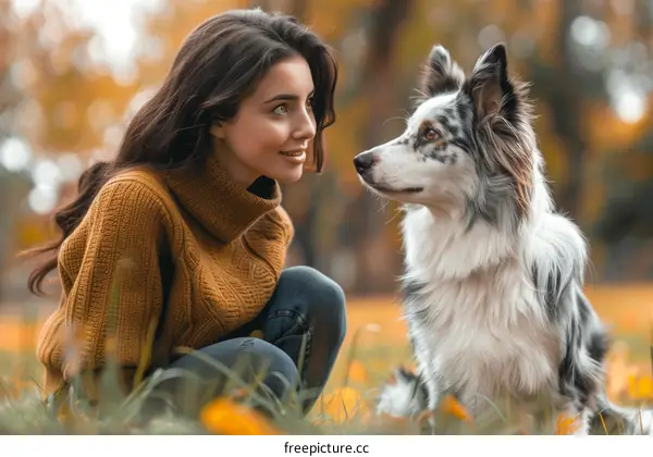 A young woman is sitting on the grass with a dog