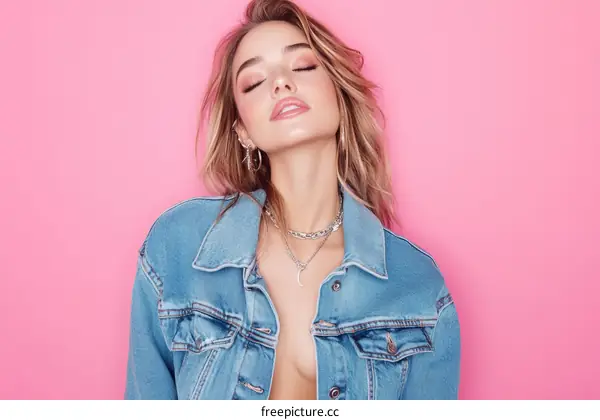 Stylish Woman in Denim Jacket Against Pink Background