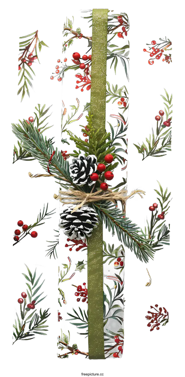 [Transparent Background PNG]Christmas Gift Wrapping Paper With Pine Cones And Berries