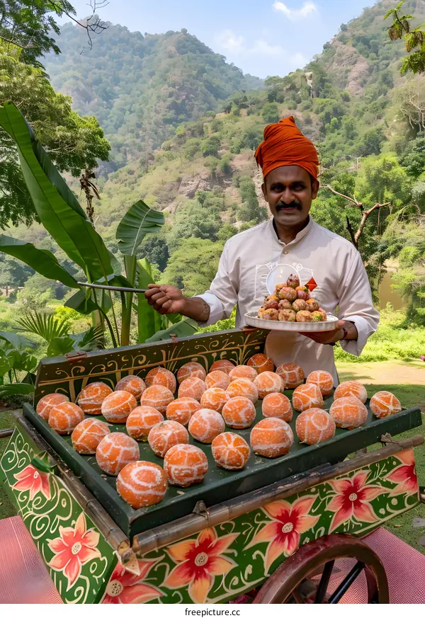 Indian Man Selling Oranges and Sweets in Cart