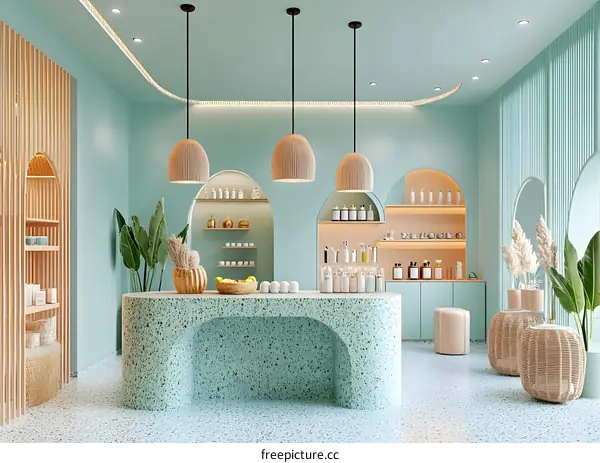 Modern Minimalist  Green Interior Design with Archways and Terrazzo Counter