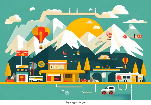 Mountain Village Illustration with Hot Air Balloons