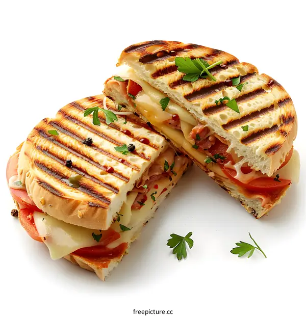 A delicious sandwich cut in half with melted cheese