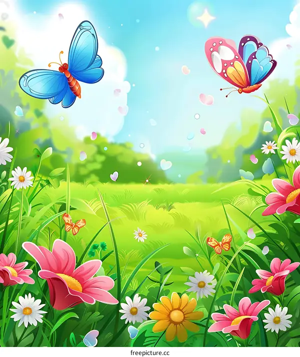 Cartoon Spring Meadow With Flowers And Butterflies