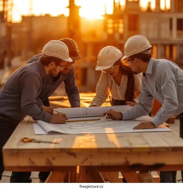 Construction workers discussing blueprints at a construction site
