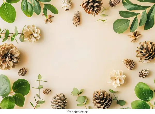 Natural Christmas Background With Pine Cones And Eucalyptus