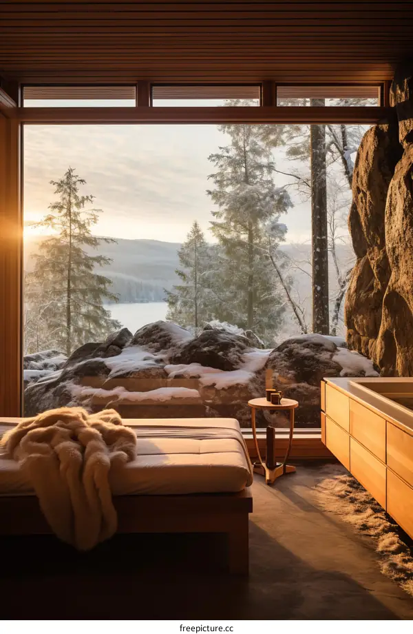 Modern lakeside house with large windows and a view of the snowy forest