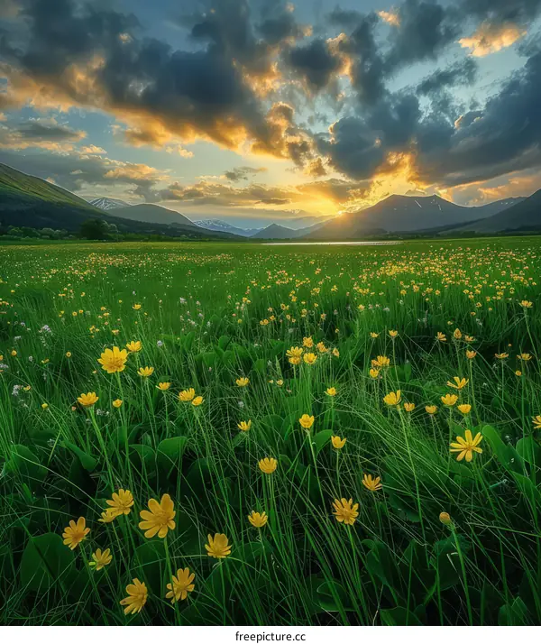 Tranquil Dusk Over The Flowery Field