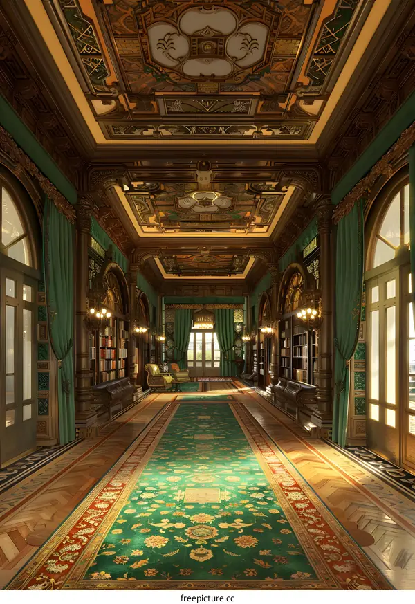 Ornate Hallway Interior Design with Green Carpet and Bookcases